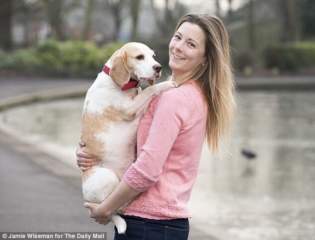 junge Frau und Beagle Hündin