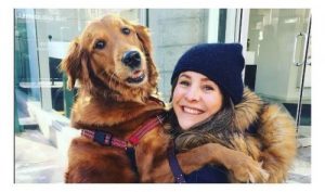 Liebevolle Hündin umarmt fremde Menschen